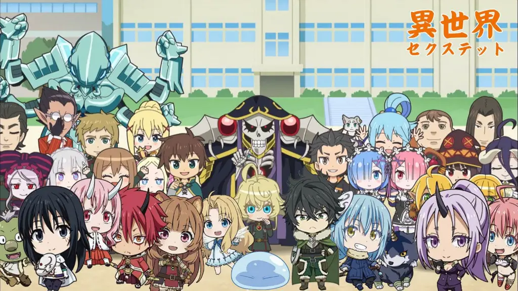 Karakter-karakter Isekai Quartet dalam gaya chibi