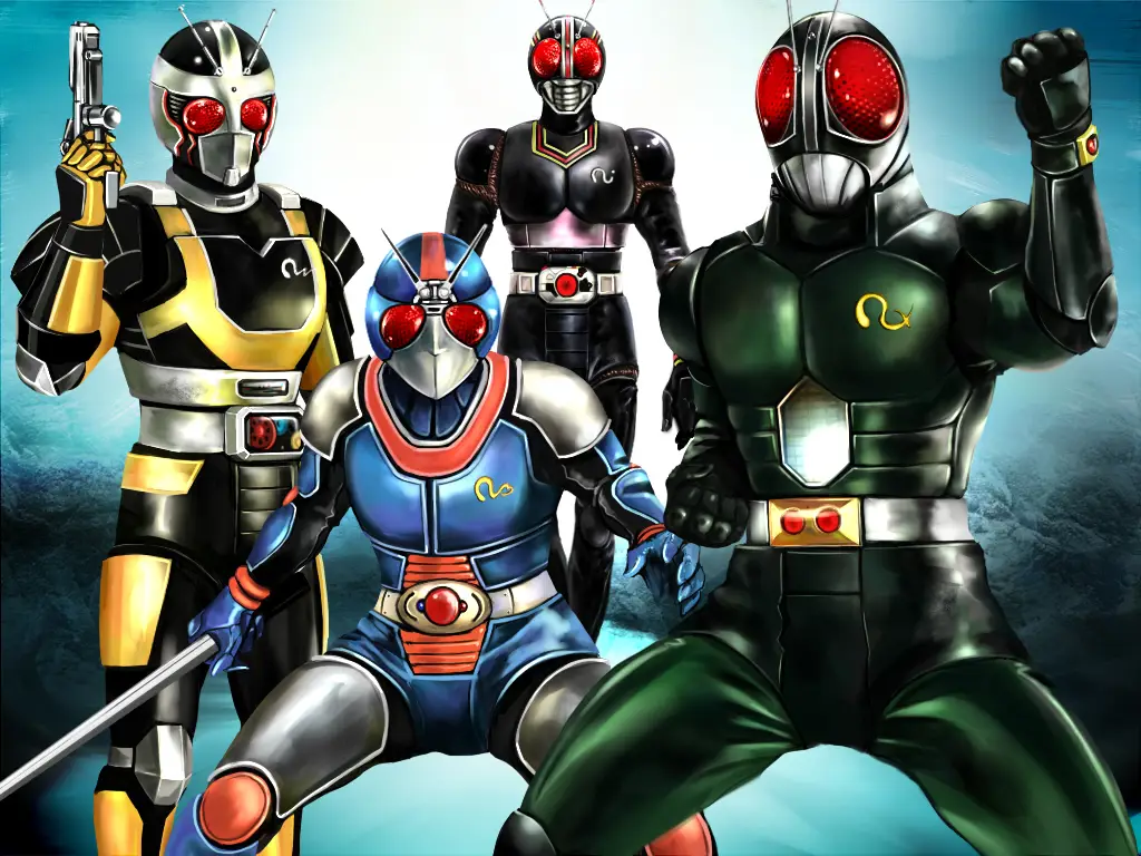 Berbagai karakter Kamen Rider dengan kostum ikonik mereka