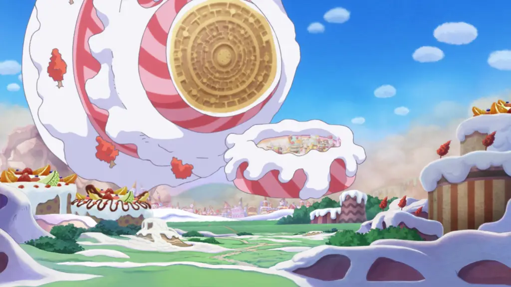 Gambar yang menampilkan karakter-karakter penting di arc Whole Cake Island.