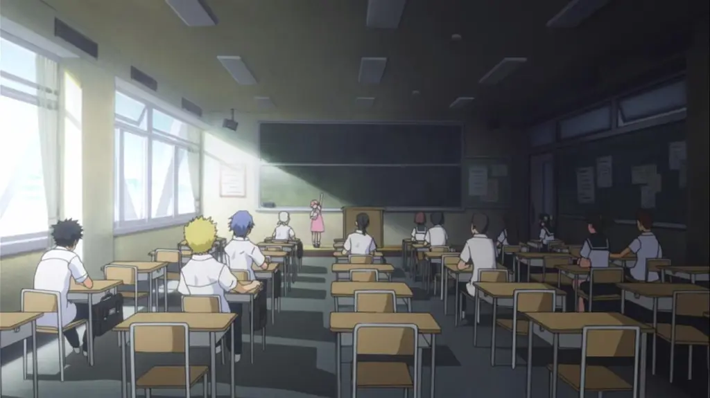 Para karakter anime di dalam kelas, sedang berdiskusi dengan serius.