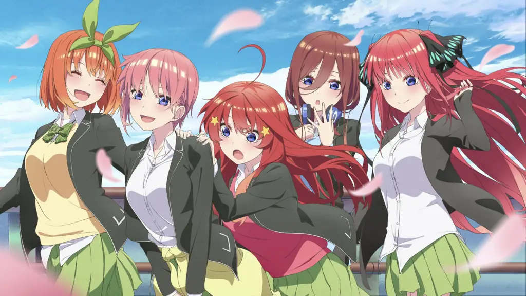 Gambar yang menampilkan karakter-karakter utama dari anime The Quintessential Quintuplets