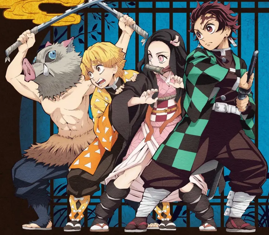 Gambar para karakter utama Kimetsu no Yaiba, seperti Tanjiro, Nezuko, Zenitsu, dan Inosuke.