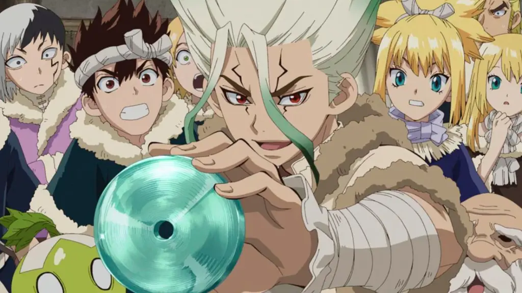 Gambar sekelompok karakter dalam anime Dr. Stone