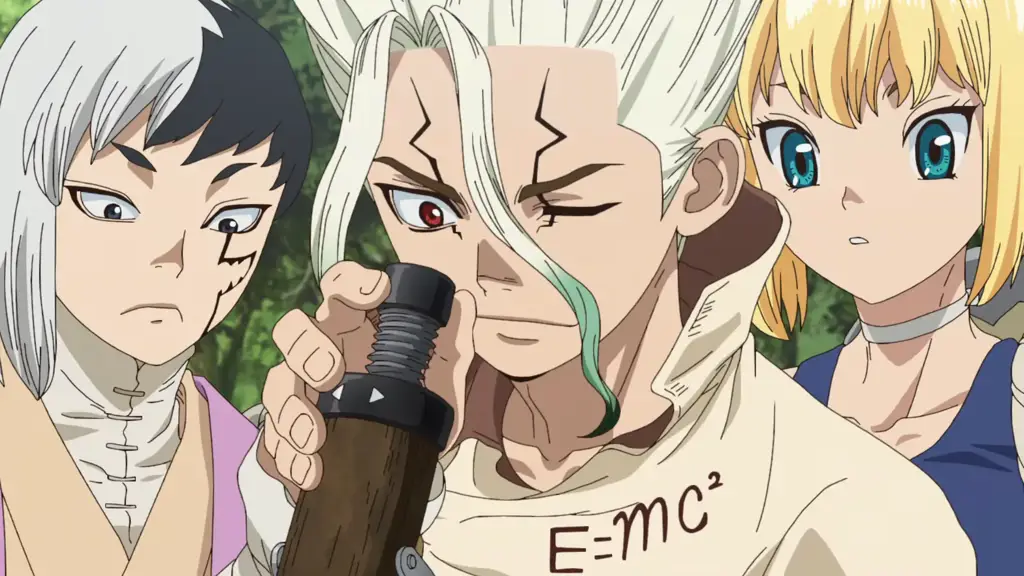 Gambar yang menampilkan beberapa karakter utama dalam anime Dr. Stone