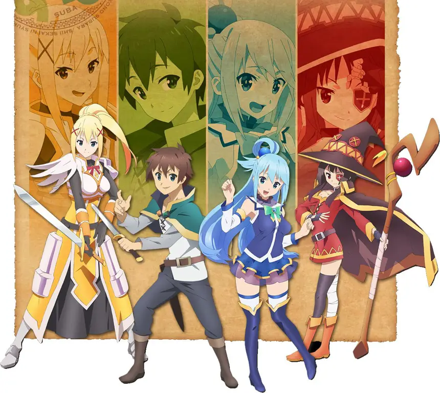 Ilustrasi karakter-karakter utama Konosuba