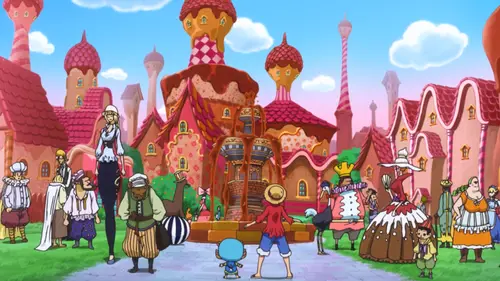 Gambar para karakter One Piece di Arc Whole Cake Island.