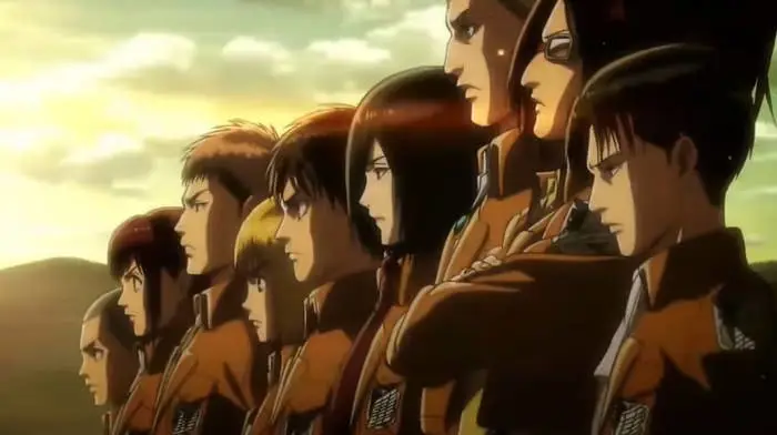 Gambar yang menampilkan beberapa karakter penting di Attack on Titan Season 3.