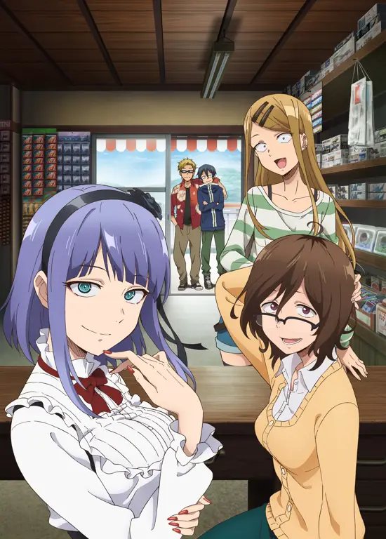 Gambar karakter utama Dagashi Kashi, Kokonotsu, Hotaru, dan Saya