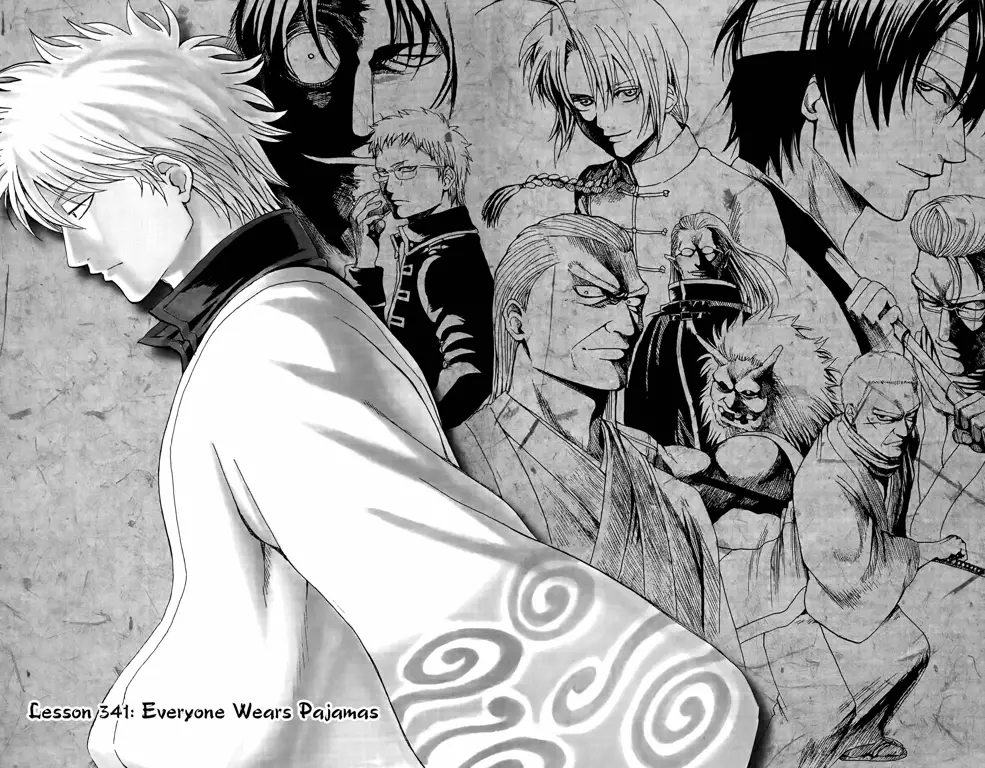 Gambar Gintoki, Shinpachi, dan Kagura dalam episode pertama Gintama