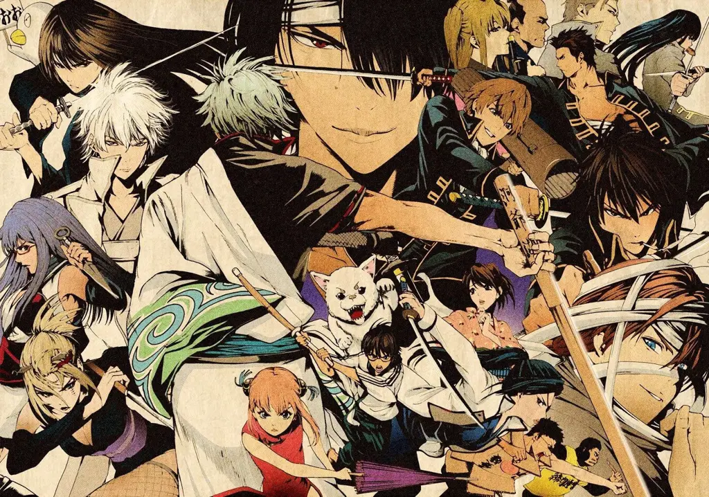 Gambar karakter utama Gintama: Gintoki, Kagura, dan Shinpachi