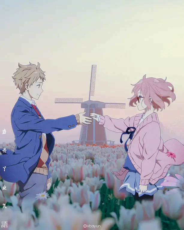 Gambar Mirai dan Akihito dari anime Kyoukai no Kanata