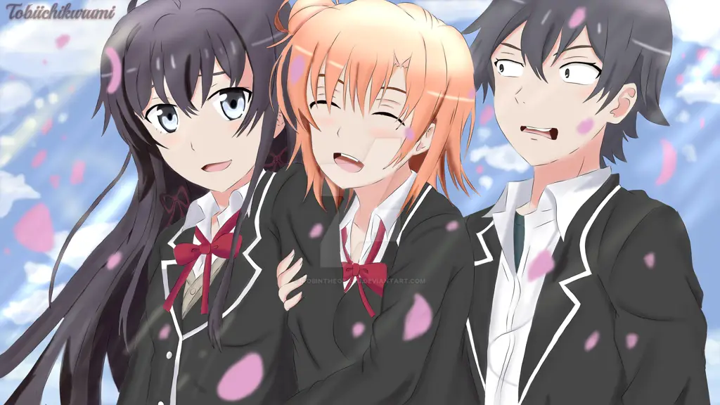 Gambar karakter utama Oregairu: Hachiman, Yukino, dan Yui.