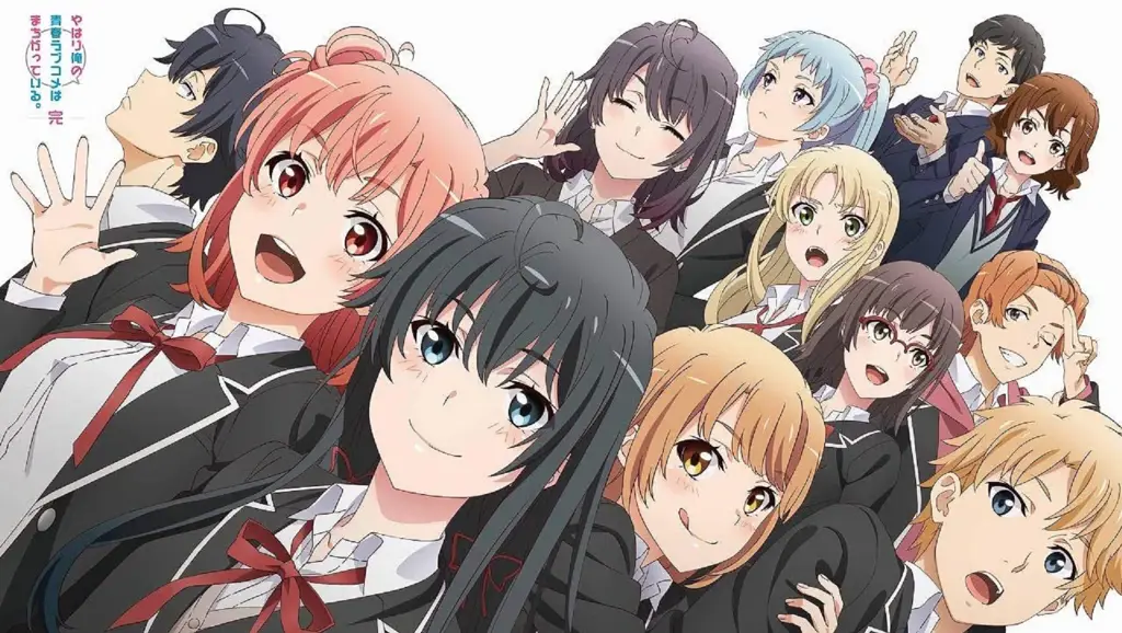 Gambar karakter utama Oregairu: Hachiman, Yukino, dan Yui