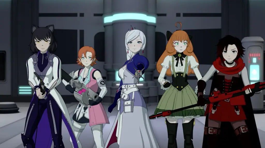 Gambar karakter utama RWBY: Ruby, Weiss, Blake, dan Yang