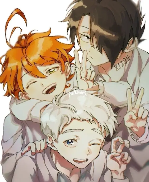 Gambar Emma, Norman, dan Ray dari The Promised Neverland