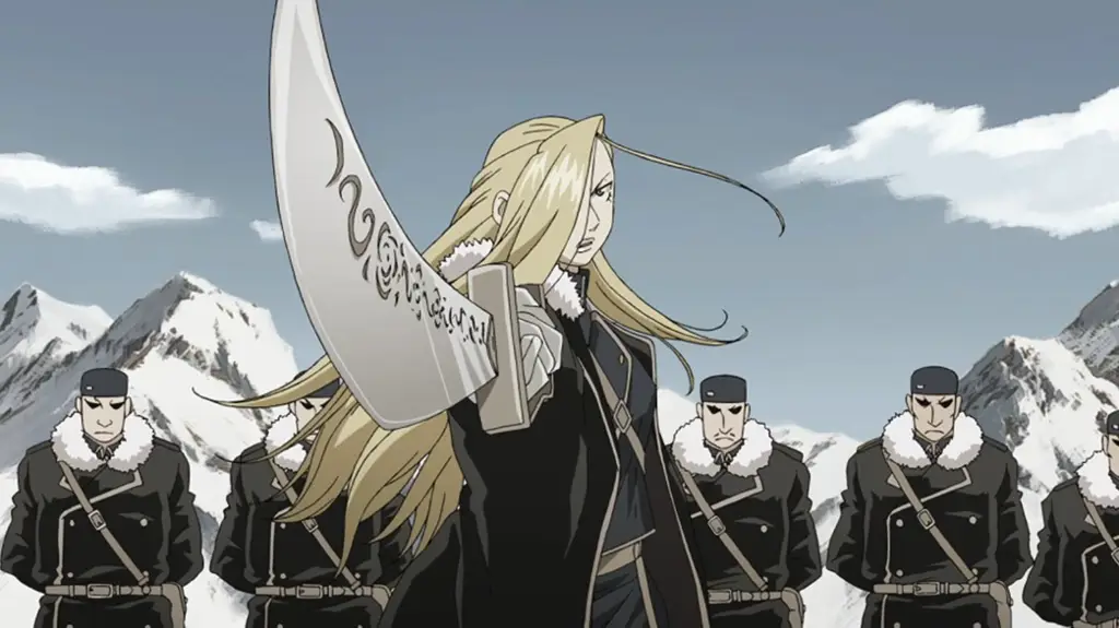 Gambar Mayor Jenderal Olivier Mira Armstrong dari Fullmetal Alchemist 2003