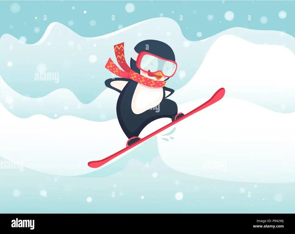 Gambar kartun penguin sedang bermain snowboard