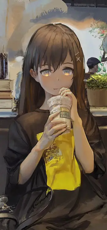 Seni digital gadis anime minum kopi