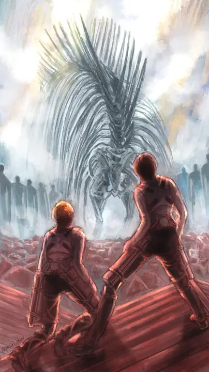 Karya seni utama Attack on Titan Season 4 menampilkan karakter utama dalam pose tegang