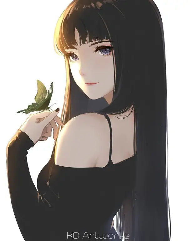 Gambar karakter anime perempuan berambut hitam dengan pose elegan