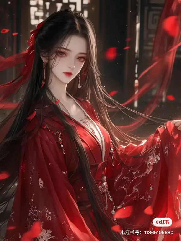 Gambar seorang putri anime berambut merah yang elegan dan anggun