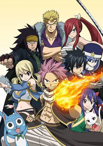 Gambar para karakter Fairy Tail sedang beraksi dalam sebuah pertarungan epik.