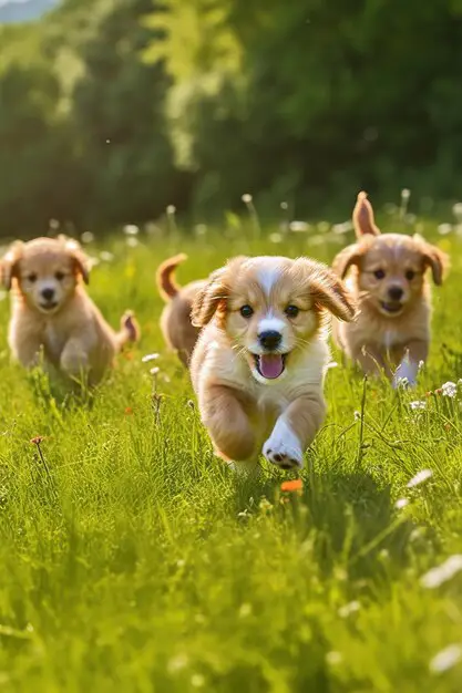 Anak-anak anjing yang gembira bermain bersama