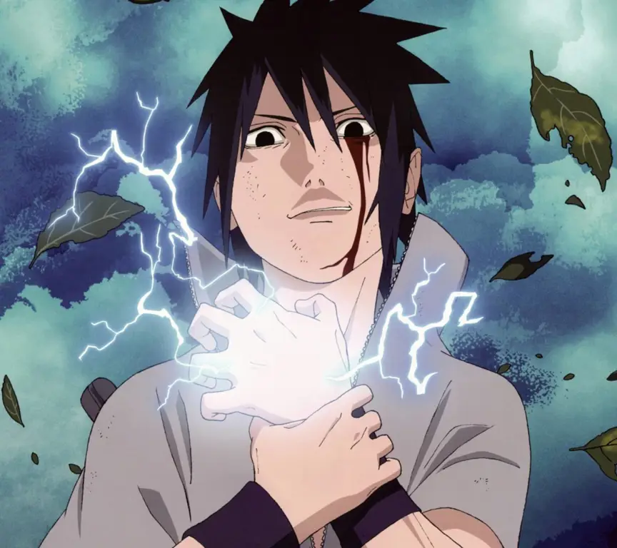 Sasuke menggunakan Chidori, jurus andalannya.