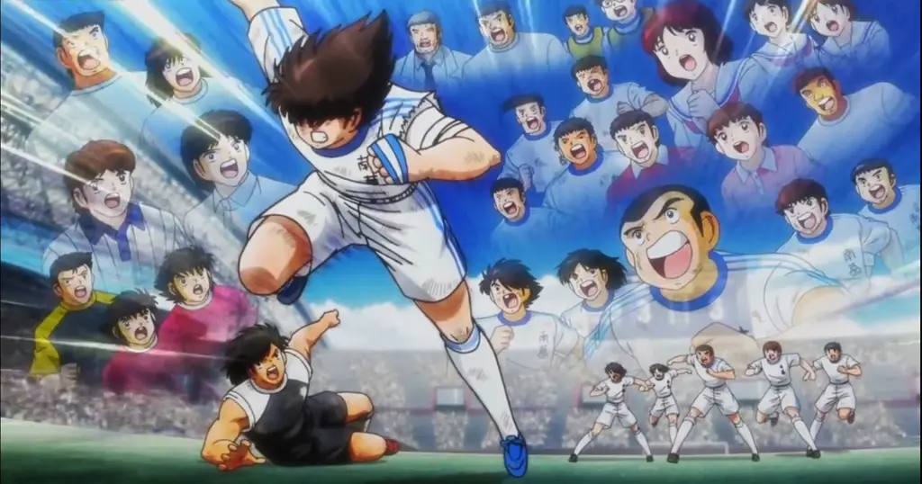 Adegan anime Captain Tsubasa 2018 yang menampilkan Tsubasa Ozora dan teman-temannya sedang bermain sepak bola.