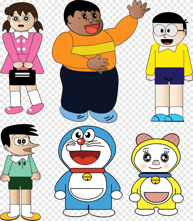 Gambar Doraemon dan teman-temannya merayakan keberhasilan