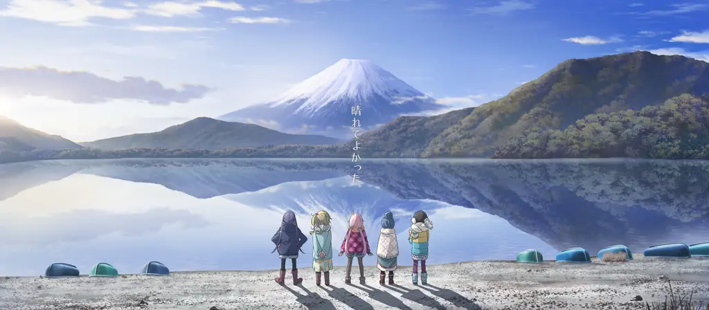 Adegan berkemah di anime Yuru Camp, menampilkan tenda dan peralatan berkemah.