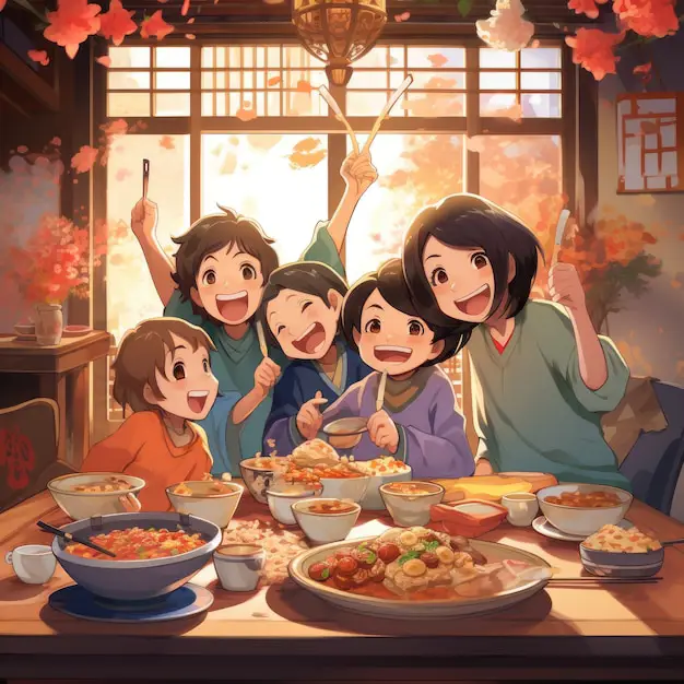 Gambar adegan makan malam keluarga anime