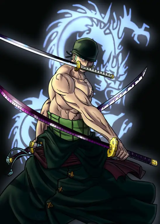 Roronoa Zoro sedang bertarung dalam pertarungan yang sengit.