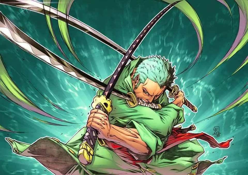 Gambar Zoro yang sedang bertarung dengan sangat keren dan penuh aksi.