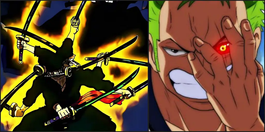 Roronoa Zoro menggunakan tiga pedangnya dalam pertarungan epik.