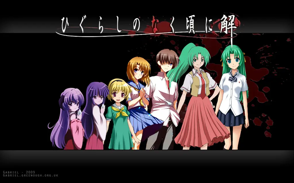 Tangkapan layar Higurashi no Naku Koro Ni yang menampilkan karakter dan latar desa Hinamizawa