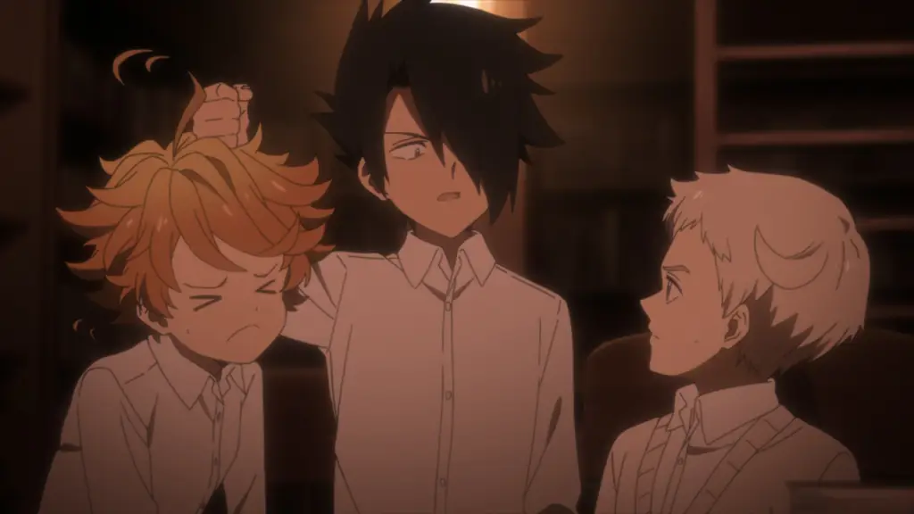 Gambar anime Yakusoku no Neverland yang menampilkan Emma, Norman, dan Ray