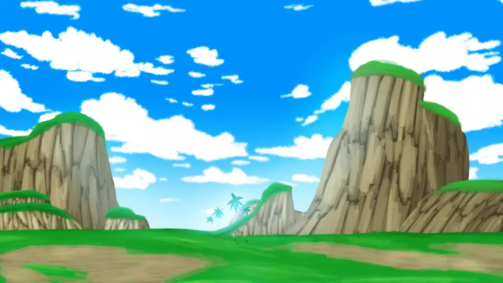 Pemandangan alam yang indah sebagai latar belakang adegan Dragon Ball Super