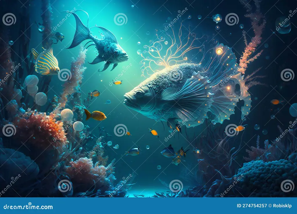 Wallpaper 3D pemandangan bawah laut dengan ikan