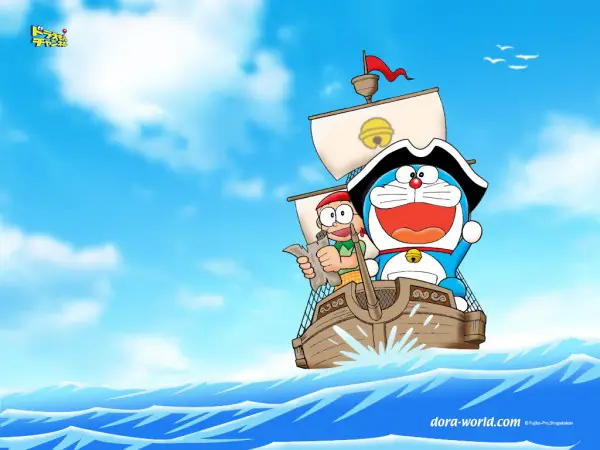 Pemandangan laut yang indah dengan karakter Doraemon