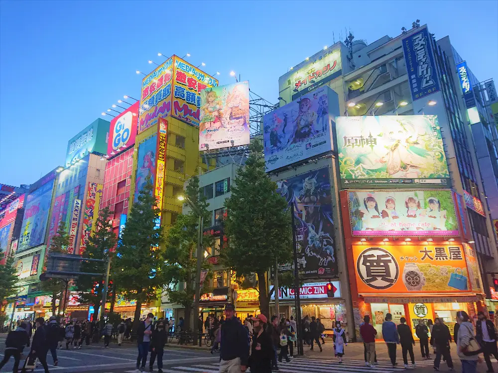 Gambar pemandangan kota Akihabara di Jepang yang ramai dan modern.