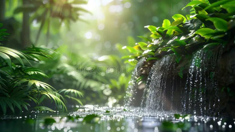 Hutan lebat dengan sinar matahari yang menembus kanopi