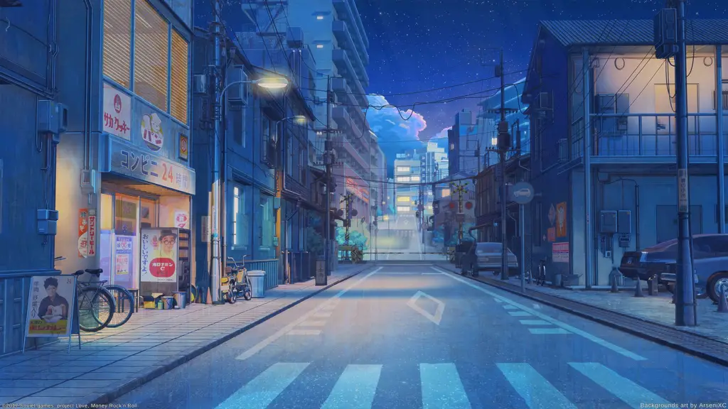 Pemandangan malam kota di anime Jepang