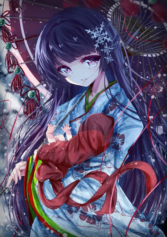 Ilustrasi Yuki-onna yang cantik dalam anime.