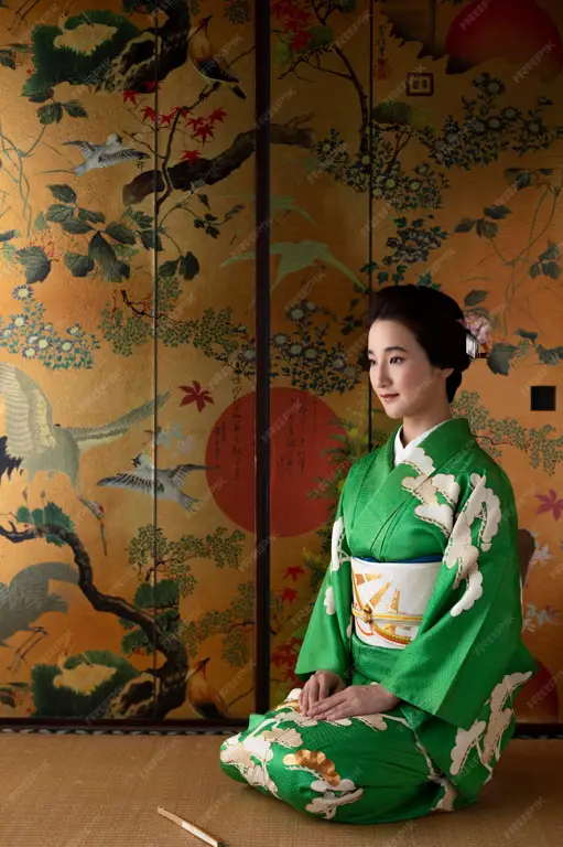 Gadis Jepang dengan kimono hijau dan bunga kamelia