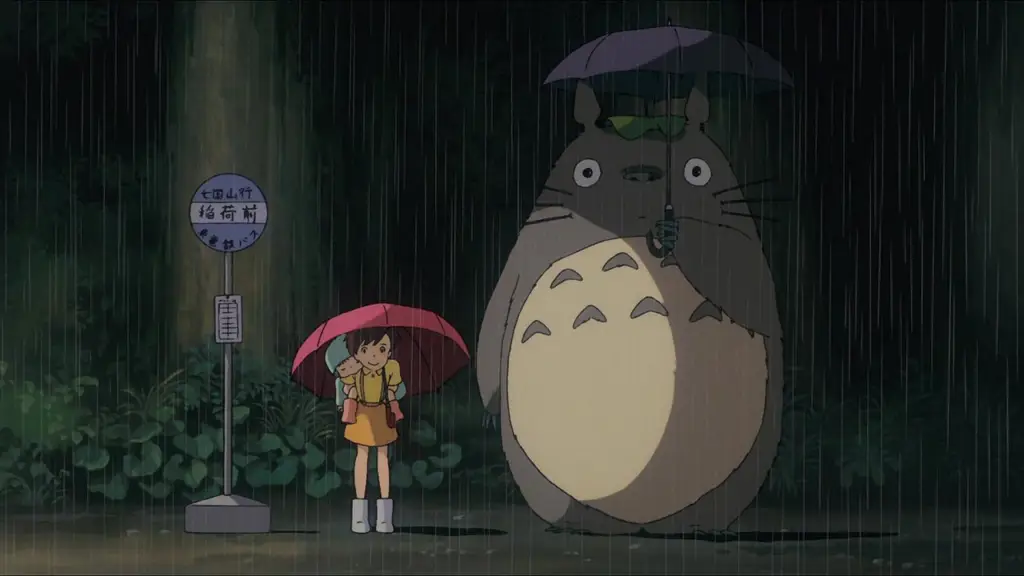 Gambar Totoro dan latar belakang pedesaan Jepang