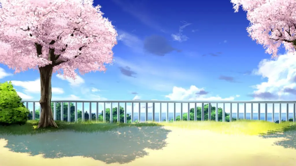 Pemandangan anime dengan bunga sakura yang sedang mekar