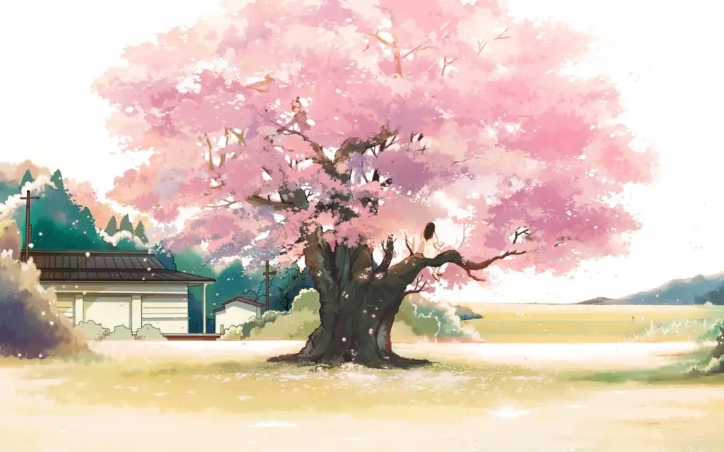 Pemandangan anime dengan bunga sakura yang sedang mekar