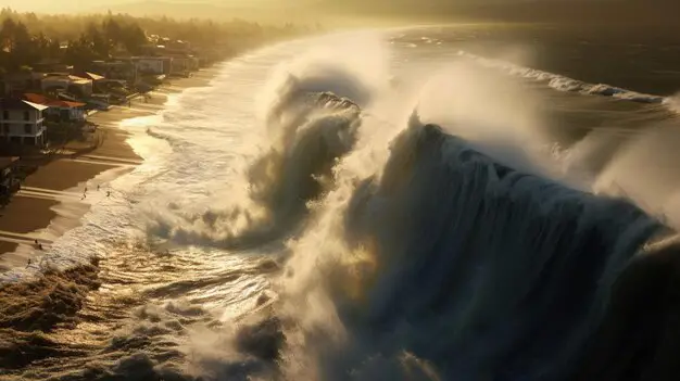 Kekuatan dahsyat gelombang tsunami Gambar gelombang tsunami yang menghantam pantai