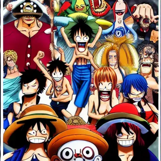 Gambar Luffy dan kru Topi Jerami sedang bertarung